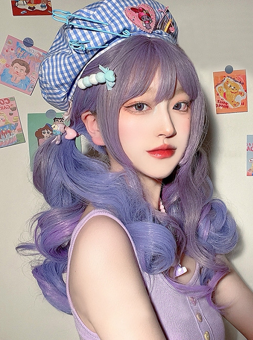 Blue-Purple Mixed Color Gradient Neat Bangs Long Curly Sweet Lolita Wig