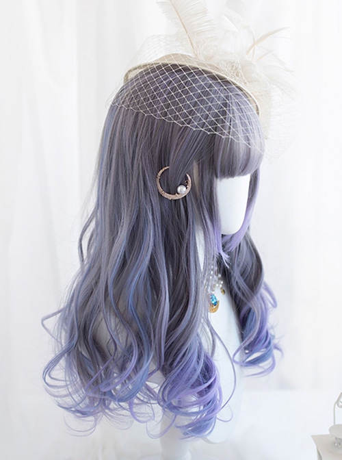 Blue-Purple Mixed Color Gradient Neat Bangs Long Curly Sweet Lolita Wig