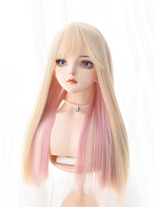 Pink Hanging Ear Dye Harajuku Beautiful Girl Long Straight Hair Cute Sweet Lolita Wig