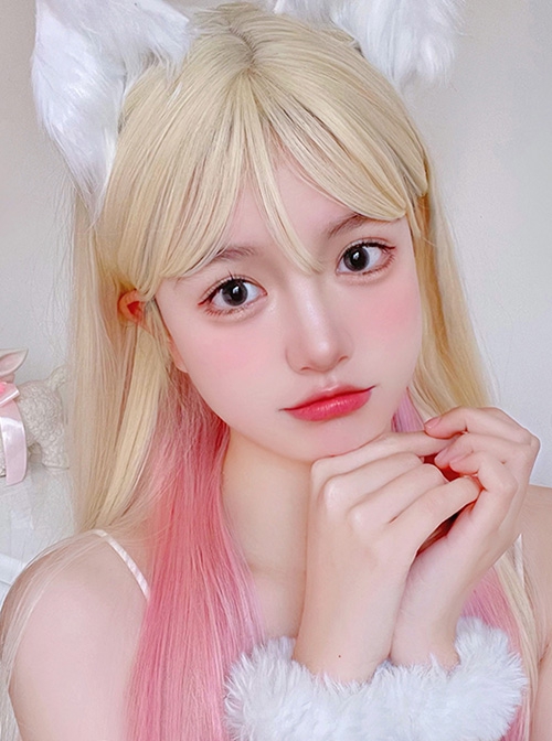 Pink Hanging Ear Dye Harajuku Beautiful Girl Long Straight Hair Cute Sweet Lolita Wig