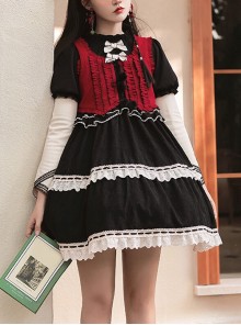 Wish Gift Box Series Cute Red Corduroy Vest Irregular Cuffs Lace Fake Three Pieces Classic Lolita Long Sleeve Dress Set