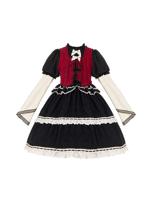 Wish Gift Box Series Cute Red Corduroy Vest Irregular Cuffs Lace Fake Three Pieces Classic Lolita Long Sleeve Dress Set