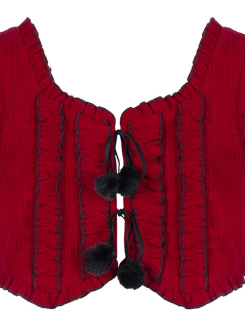 Wish Gift Box Series Cute Red Corduroy Vest Irregular Cuffs Lace Fake Three Pieces Classic Lolita Long Sleeve Dress Set