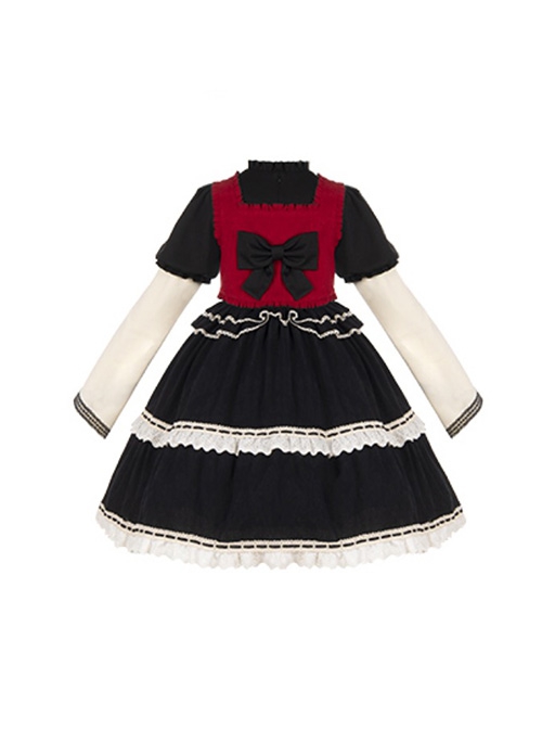 Wish Gift Box Series Cute Red Corduroy Vest Irregular Cuffs Lace Fake Three Pieces Classic Lolita Long Sleeve Dress Set