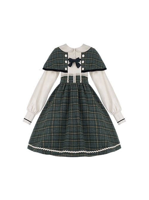 College Style Spring Retro Elegant Plaid Cloak Siamese Fake Three-Piece Design School Lolita Long-Sleeved Dress