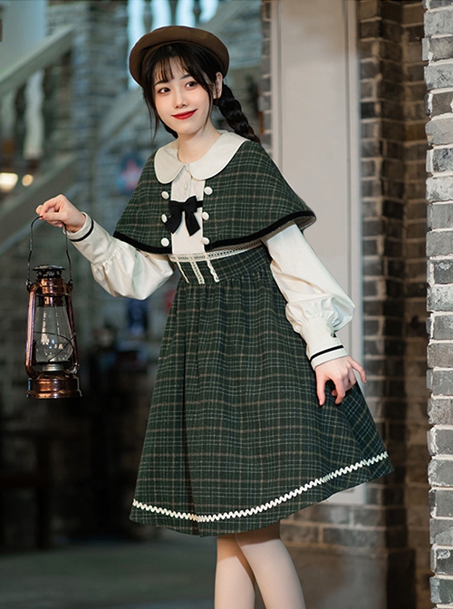 College Style Spring Retro Elegant Plaid Cloak Siamese Fake Three-Piece Design School Lolita Long-Sleeved Dress