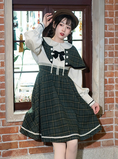 College Style Spring Retro Elegant Plaid Cloak Siamese Fake Three-Piece Design School Lolita Long-Sleeved Dress