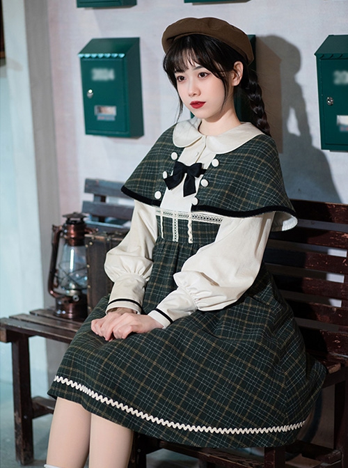 College Style Spring Retro Elegant Plaid Cloak Siamese Fake Three-Piece Design School Lolita Long-Sleeved Dress