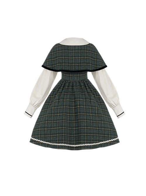 College Style Spring Retro Elegant Plaid Cloak Siamese Fake Three-Piece Design School Lolita Long-Sleeved Dress