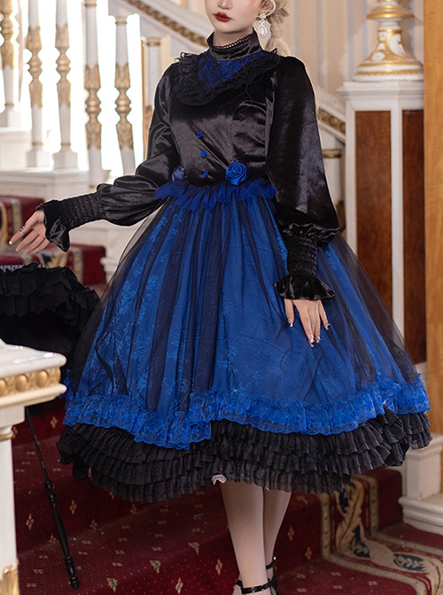 Lonely Laura Series Elegant Mysterious Jacquard Detachable Blue Rose Bowknot Lace Petal Hem Design Gothic Lolita Long Sleeve Dress