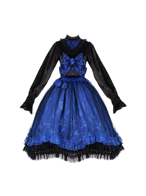 Lonely Laura Series Elegant Mysterious Jacquard Detachable Blue Rose Bowknot Lace Petal Hem Design Gothic Lolita Long Sleeve Dress