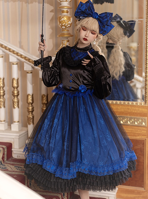 Lonely Laura Series Elegant Mysterious Jacquard Detachable Blue Rose Bowknot Lace Petal Hem Design Gothic Lolita Long Sleeve Dress