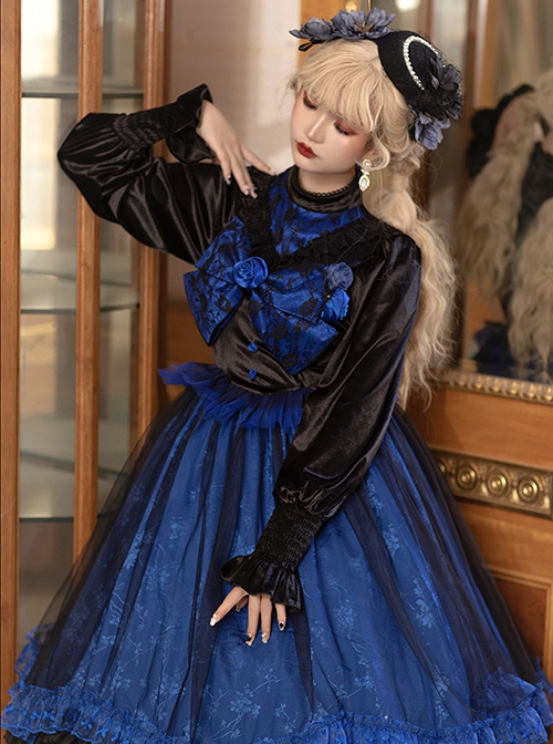 Lonely Laura Series Elegant Mysterious Jacquard Detachable Blue Rose Bowknot Lace Petal Hem Design Gothic Lolita Long Sleeve Dress