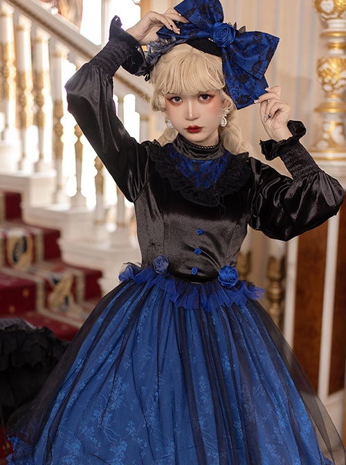 Lonely Laura Series Elegant Mysterious Jacquard Detachable Blue Rose Bowknot Lace Petal Hem Design Gothic Lolita Long Sleeve Dress