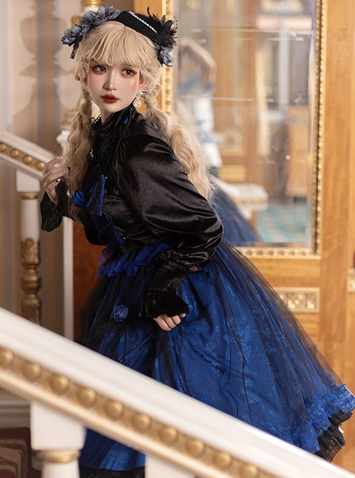 Lonely Laura Series Elegant Mysterious Jacquard Detachable Blue Rose Bowknot Lace Petal Hem Design Gothic Lolita Long Sleeve Dress