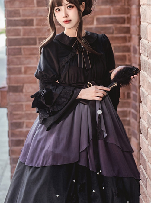 Hibiscus Series Spring Elegant Three-Dimensional Butterfly Embroidery Gradient Petal Hem Classic Lolita Long-Sleeved Dress