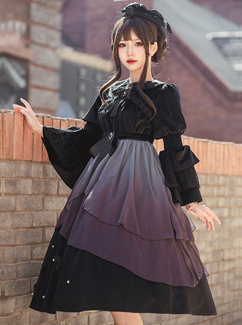 Hibiscus Series Spring Elegant Three-Dimensional Butterfly Embroidery Gradient Petal Hem Classic Lolita Long-Sleeved Dress