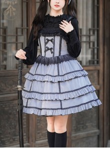 Foggy Moon Series Black Lace Decoration Gray Blue Three-Stage Ruffle Stitching Hem Classic Lolita Sleeveless Dress