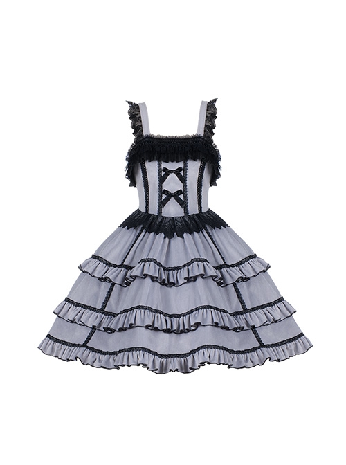 Foggy Moon Series Black Lace Decoration Gray Blue Three-Stage Ruffle Stitching Hem Classic Lolita Sleeveless Dress