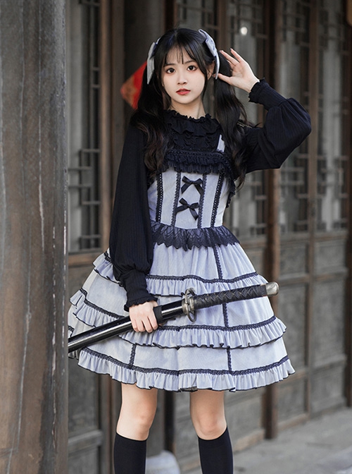 Foggy Moon Series Black Lace Decoration Gray Blue Three-Stage Ruffle Stitching Hem Classic Lolita Sleeveless Dress