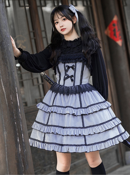 Foggy Moon Series Black Lace Decoration Gray Blue Three-Stage Ruffle Stitching Hem Classic Lolita Sleeveless Dress