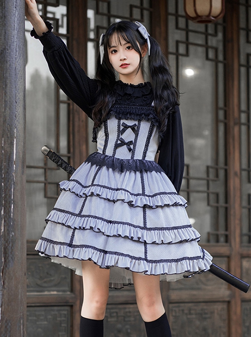 Foggy Moon Series Black Lace Decoration Gray Blue Three-Stage Ruffle Stitching Hem Classic Lolita Sleeveless Dress