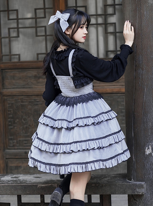 Foggy Moon Series Black Lace Decoration Gray Blue Three-Stage Ruffle Stitching Hem Classic Lolita Sleeveless Dress