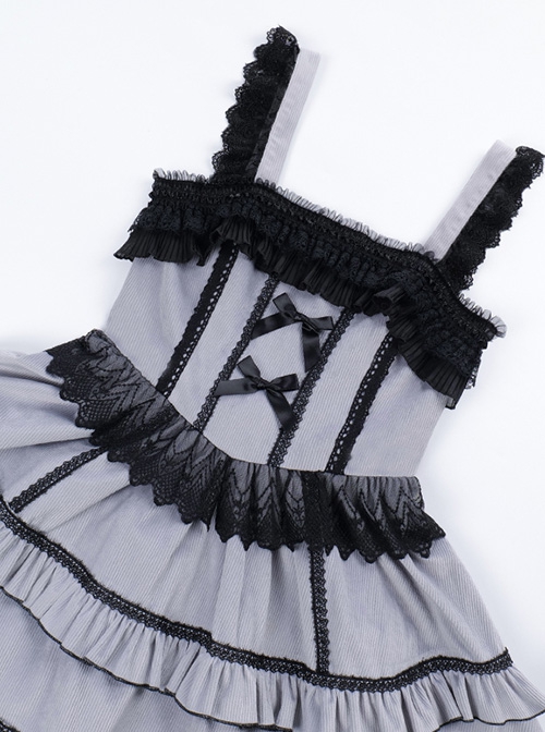 Foggy Moon Series Black Lace Decoration Gray Blue Three-Stage Ruffle Stitching Hem Classic Lolita Sleeveless Dress