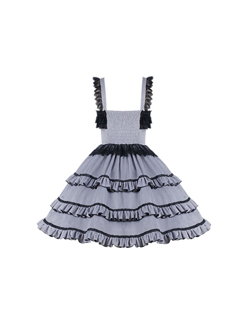 Foggy Moon Series Black Lace Decoration Gray Blue Three-Stage Ruffle Stitching Hem Classic Lolita Sleeveless Dress