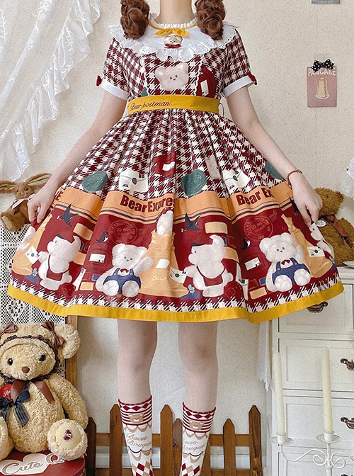 Cute Bear Embroidery Print Summer Sweet Lolita Short Sleeve Dress