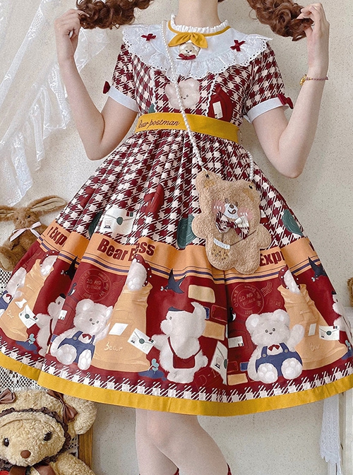 Cute Bear Embroidery Print Summer Sweet Lolita Short Sleeve Dress