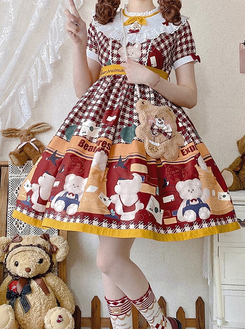 Cute Bear Embroidery Print Summer Sweet Lolita Short Sleeve Dress