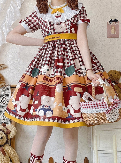 Cute Bear Embroidery Print Summer Sweet Lolita Short Sleeve Dress