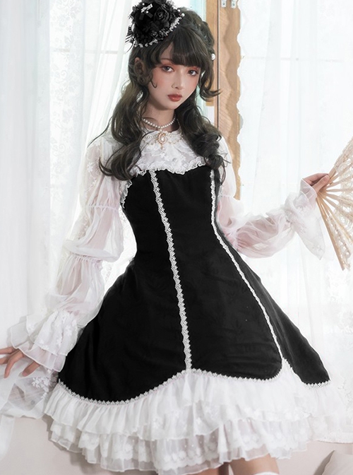 Retro Elegant Black-White Doll Collar Stitching Semi-Transparent Lotus Root Sleeve Lace Hem Classic Lolita Long-Sleeved Dress