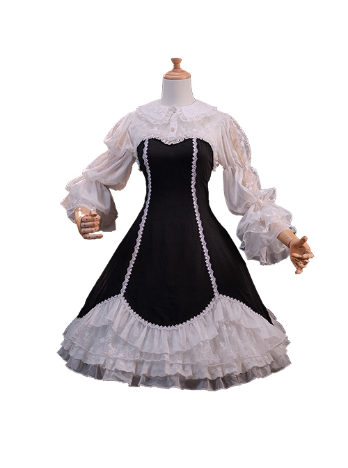 Retro Elegant Black-White Doll Collar Stitching Semi-Transparent Lotus Root Sleeve Lace Hem Classic Lolita Long-Sleeved Dress