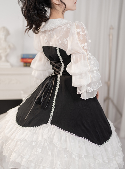 Retro Elegant Black-White Doll Collar Stitching Semi-Transparent Lotus Root Sleeve Lace Hem Classic Lolita Long-Sleeved Dress