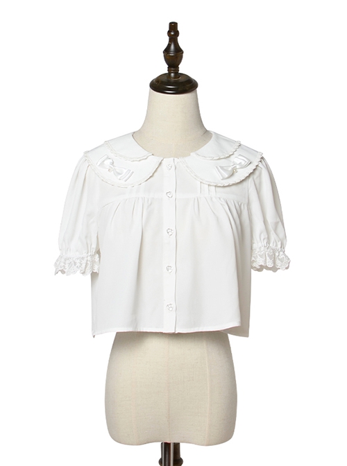 White Everyday Cute Transparent Love Button Puff Sleeve Lace Classic Lolita Short Shirt