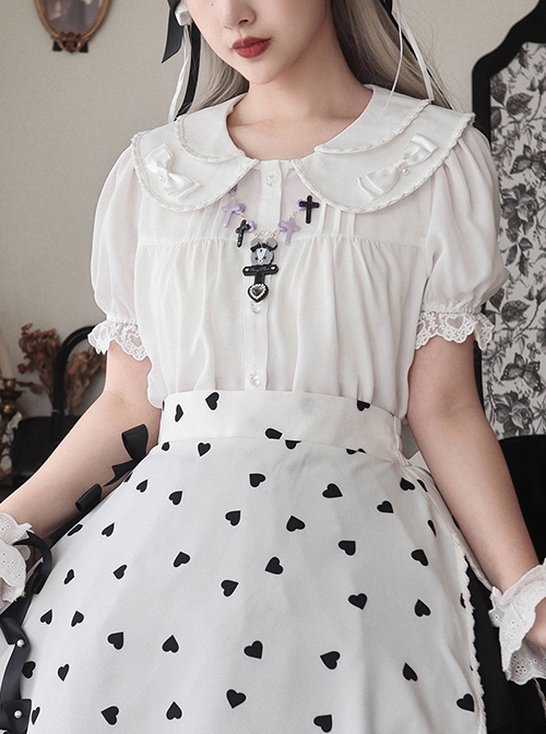 White Everyday Cute Transparent Love Button Puff Sleeve Lace Classic Lolita Short Shirt