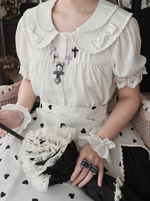 White Everyday Cute Transparent Love Button Puff Sleeve Lace Classic Lolita Short Shirt