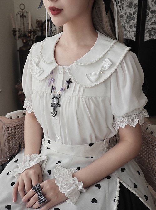 White Everyday Cute Transparent Love Button Puff Sleeve Lace Classic Lolita Short Shirt