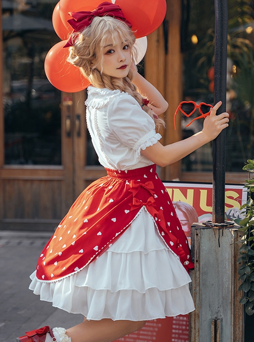 Solid Color Love Print Handmade Beads Ribbon Ruffled Bow-Knot Apron Cute Sweet Lolita Skirt