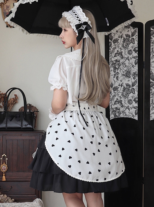 Solid Color Love Print Handmade Beads Ribbon Ruffled Bow-Knot Apron Cute Sweet Lolita Skirt