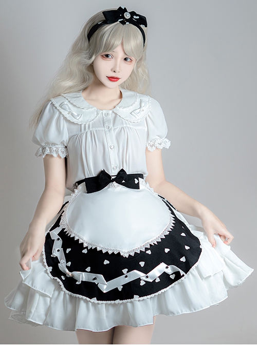 Solid Color Love Print Handmade Beads Ribbon Ruffled Bow-Knot Apron Cute Sweet Lolita Skirt