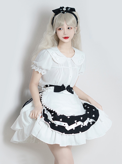 Solid Color Love Print Handmade Beads Ribbon Ruffled Bow-Knot Apron Cute Sweet Lolita Skirt