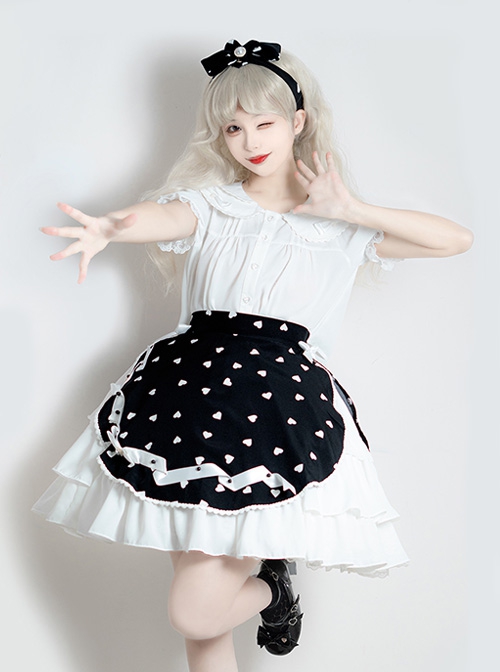 Solid Color Love Print Handmade Beads Ribbon Ruffled Bow-Knot Apron Cute Sweet Lolita Skirt