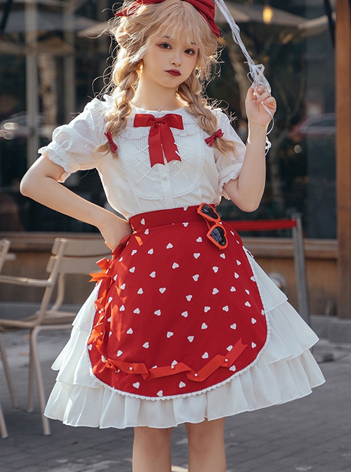 Solid Color Love Print Handmade Beads Ribbon Ruffled Bow-Knot Apron Cute Sweet Lolita Skirt