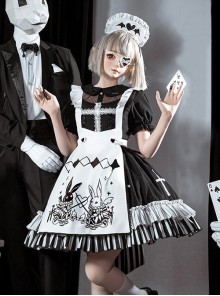 Strange Rabbit Series Cute Maid Style Rabbit Embroidered Apron Striped Hem Gothic Lolita Short Sleeve Dress