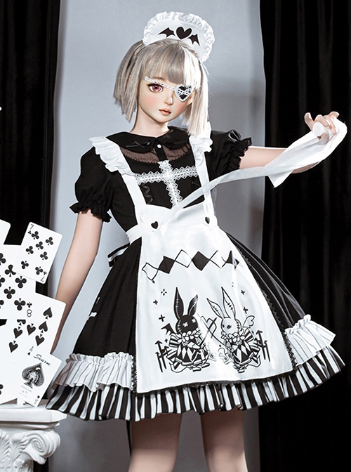 Strange Rabbit Series Cute Maid Style Rabbit Embroidered Apron Striped Hem Gothic Lolita Short Sleeve Dress