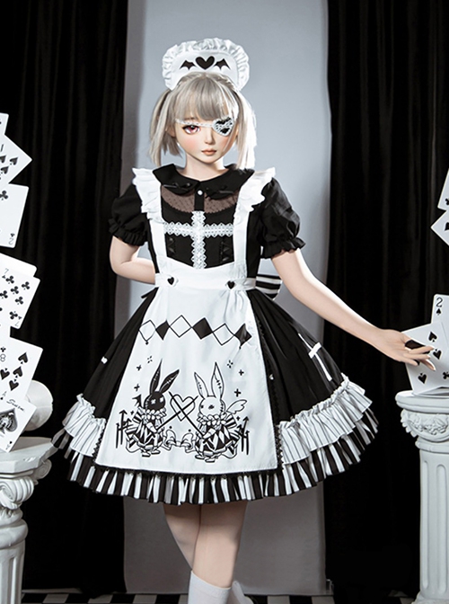 Strange Rabbit Series Cute Maid Style Rabbit Embroidered Apron Striped Hem Gothic Lolita Short Sleeve Dress