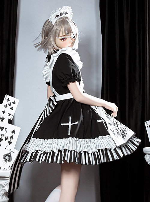 Strange Rabbit Series Cute Maid Style Rabbit Embroidered Apron Striped Hem Gothic Lolita Short Sleeve Dress